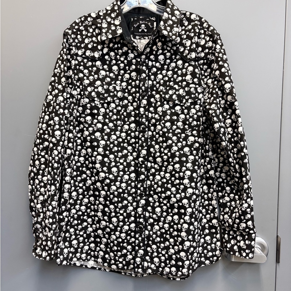 Rock Roll n Soul Skull Western Shirt Men’s Large Black White Snap Button Gothic